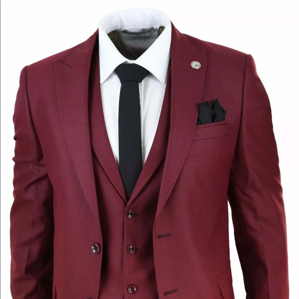 Mens 3 Piece Suit Maroon Tailored Vintage Gatsby
